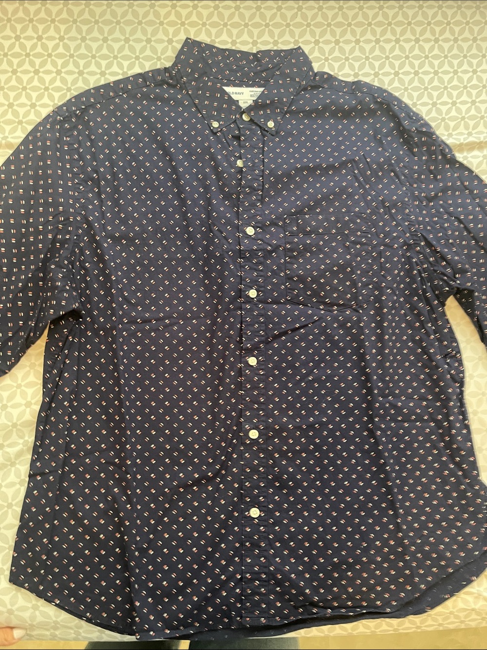 Old Navy Navy Button-Down Shirt with Small Red and White Print